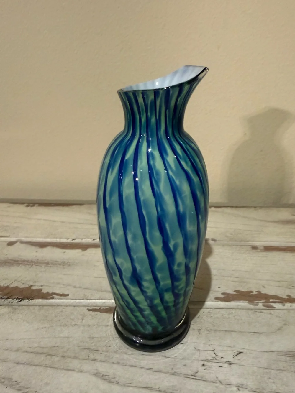 Vintage Blue & Green Art Glass Vase Slanted Rim Swirl Ribbed Decor 6.5